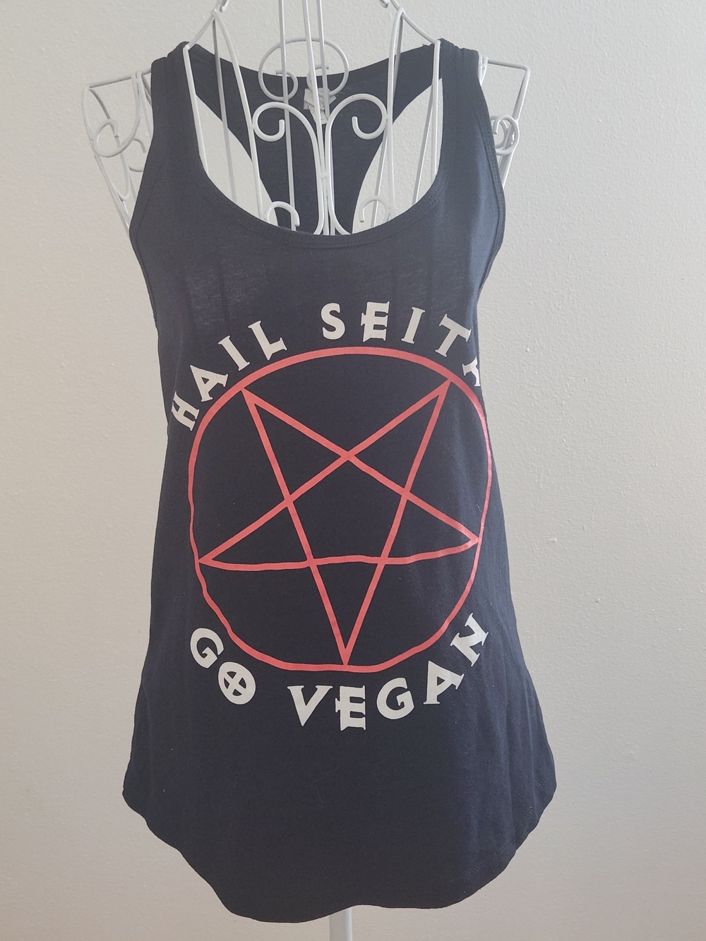 ​"Hail Seitan" Go Vegan Graphic Racerback Tank Top | Black | Size M